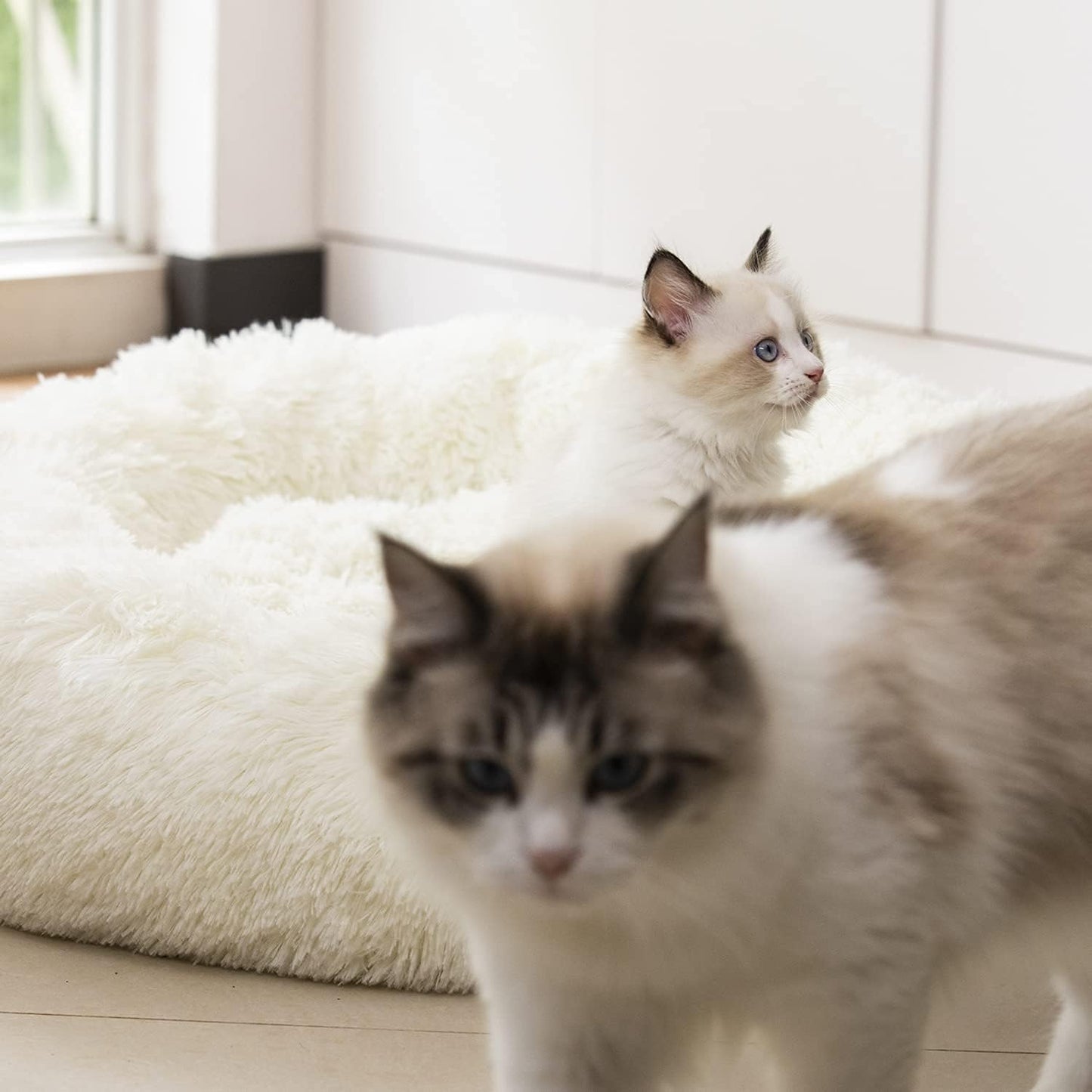 Anti-Anxiety Round Fluffy Plush Faux Fur Washable Pet Bed for Dogs and Cats, Joint Relief and Sleep Improvement, Available in 20", 24", and 27" Sizes (27", White)