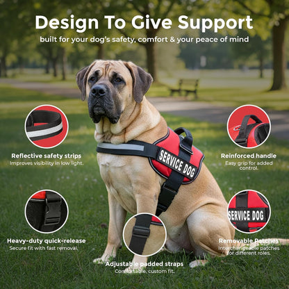 Service Dog Vest Harness - Durable Adjustable Vest with Reflective Straps, Removable Patches, 50 ADA Cards, Handle & D-Ring for Travel and Daily Use (Bright Red, XL 30"-39")