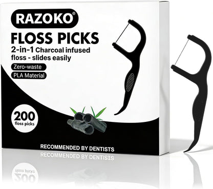 Biodegradable Charcoal Dental Floss Picks | Shred-Resistant, Vegan, and Eco-Friendly, 200 Count