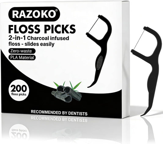 Biodegradable Charcoal Dental Floss Picks | Shred-Resistant, Vegan, and Eco-Friendly, 200 Count