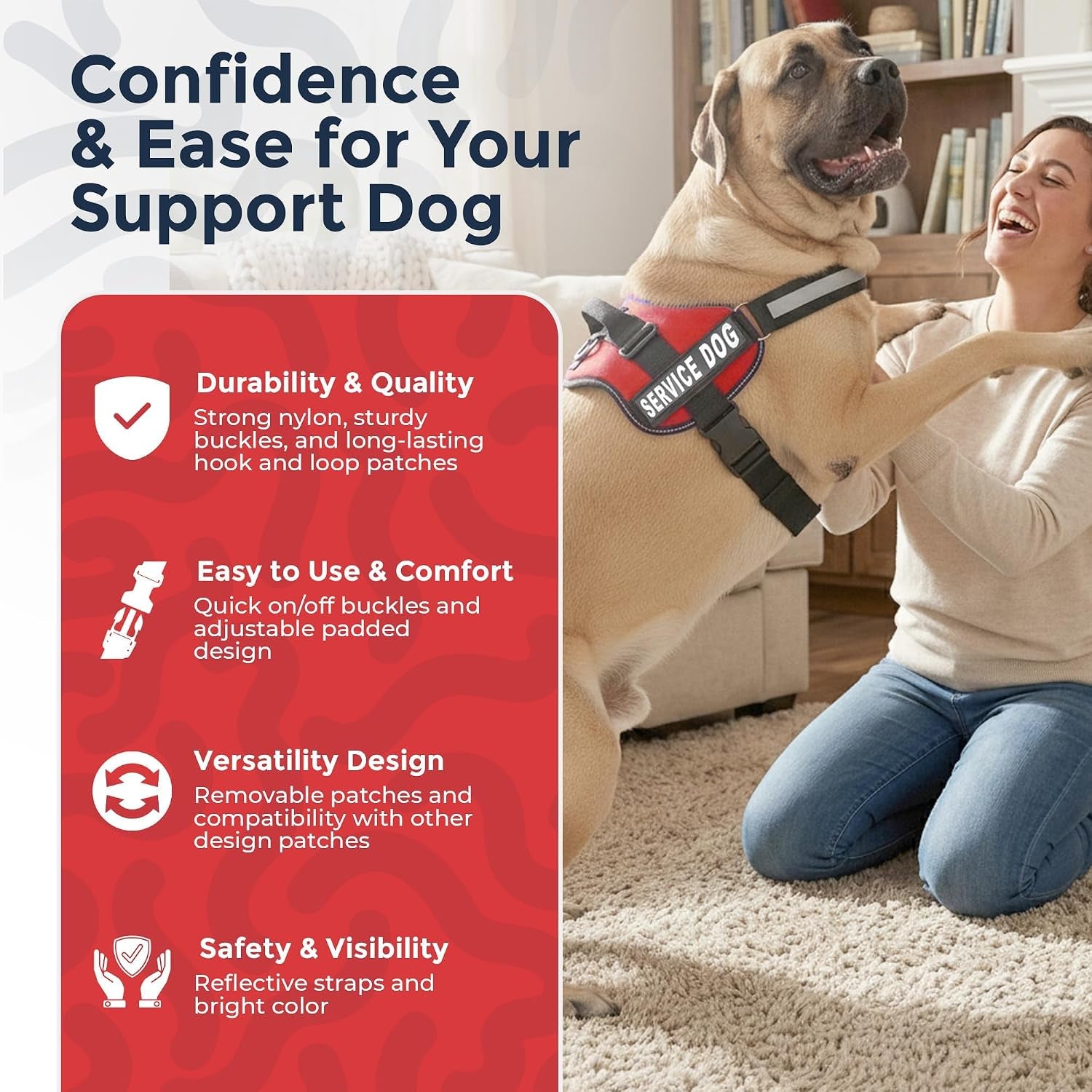 Service Dog Vest Harness - Durable Adjustable Vest with Reflective Straps, Removable Patches, 50 ADA Cards, Handle & D-Ring for Travel and Daily Use (Bright Red, XL 30"-39")