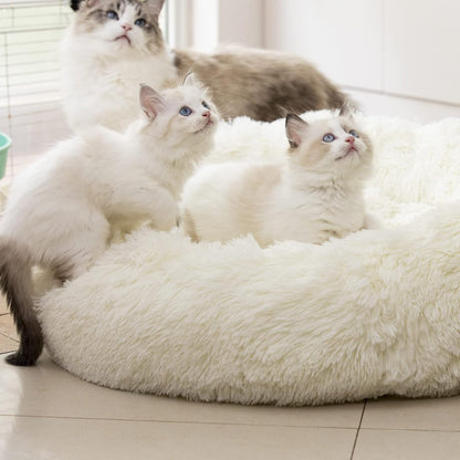 Anti-Anxiety Round Fluffy Plush Faux Fur Washable Pet Bed for Dogs and Cats, Joint Relief and Sleep Improvement, Available in 20", 24", and 27" Sizes (27", White)