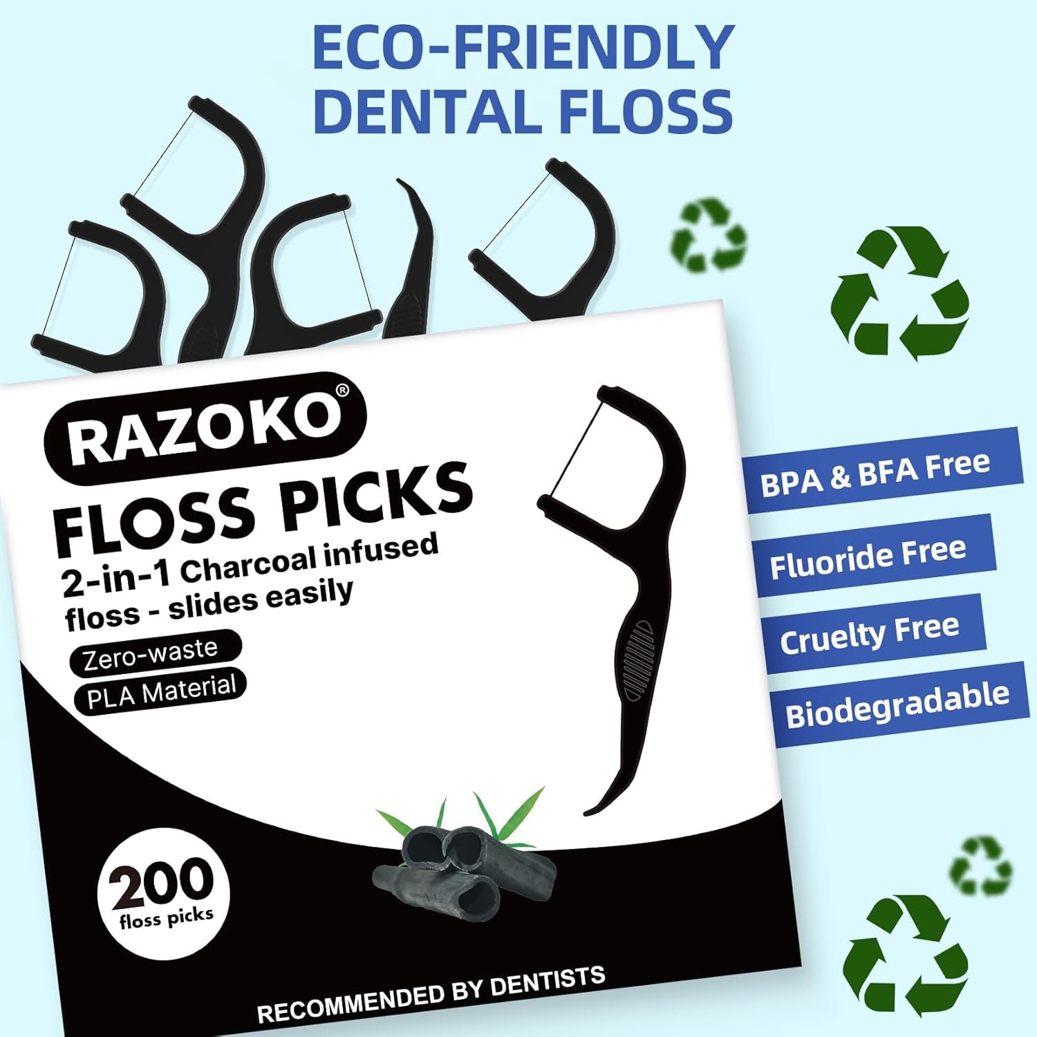 Biodegradable Charcoal Dental Floss Picks | Shred-Resistant, Vegan, and Eco-Friendly, 200 Count