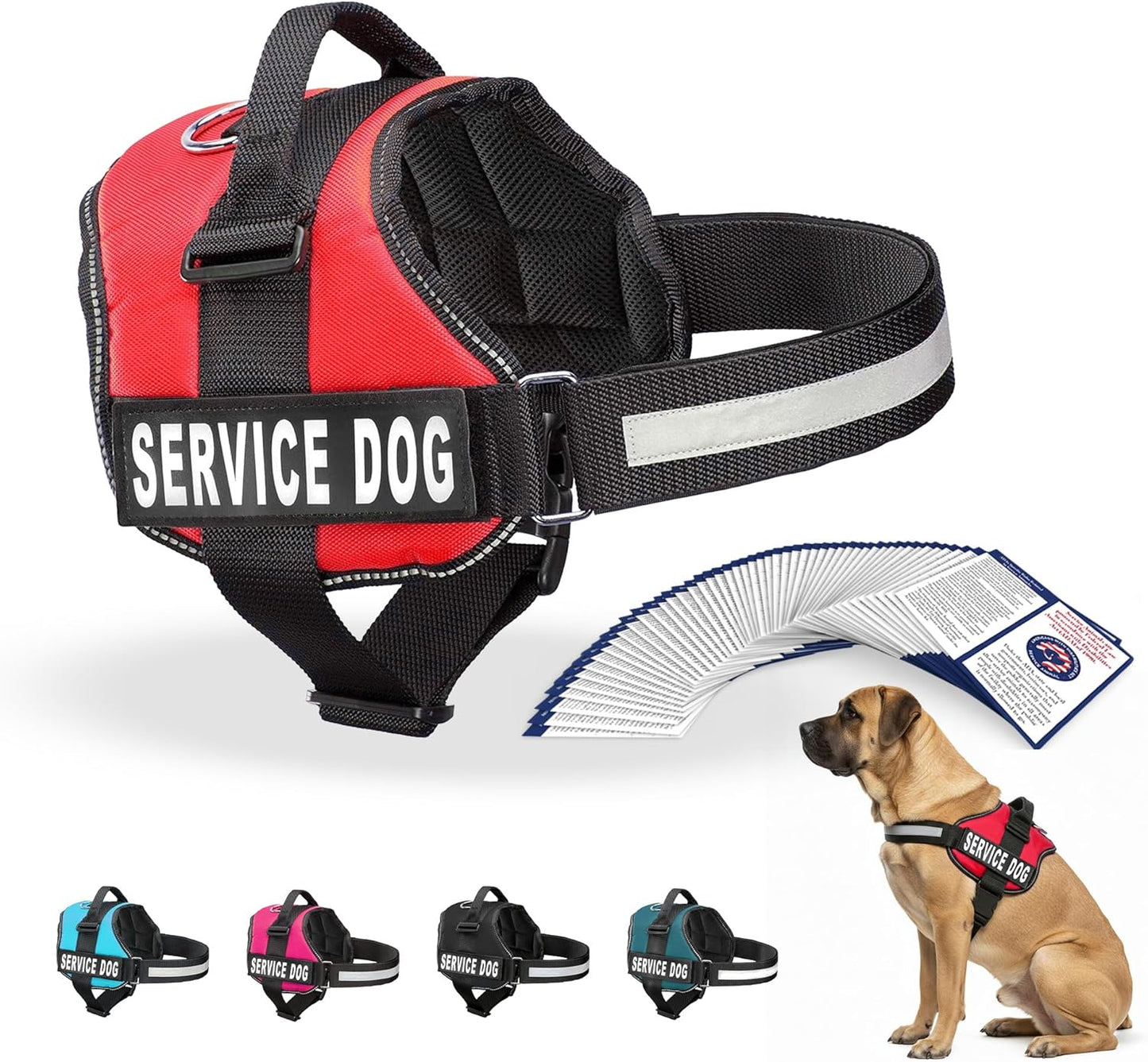 Service Dog Vest Harness - Durable Adjustable Vest with Reflective Straps, Removable Patches, 50 ADA Cards, Handle & D-Ring for Travel and Daily Use (Bright Red, XL 30"-39")