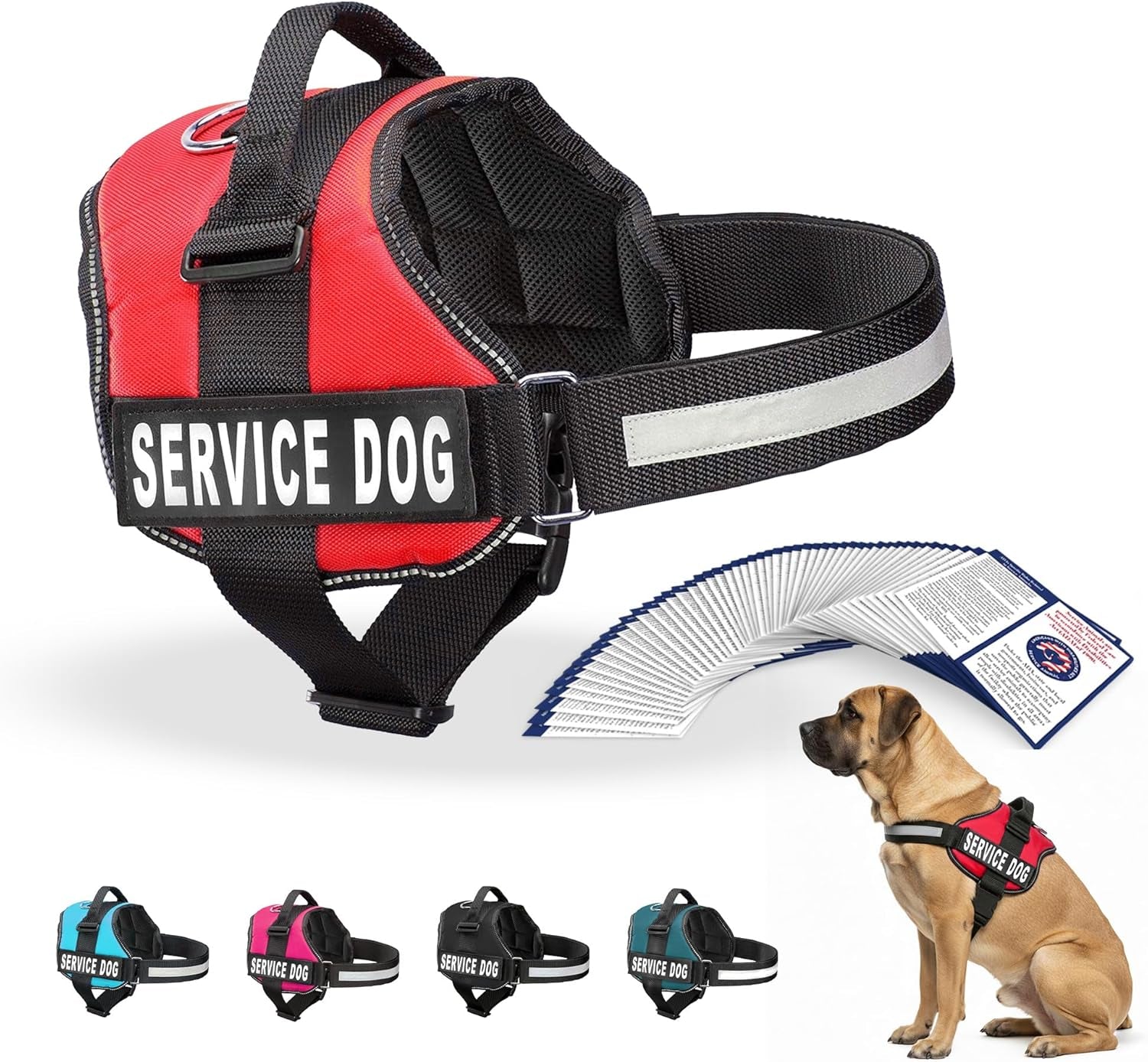 Service Dog Vest Harness - Durable Adjustable Vest with Reflective Straps, Removable Patches, 50 ADA Cards, Handle & D-Ring for Travel and Daily Use (Bright Red, XL 30"-39")