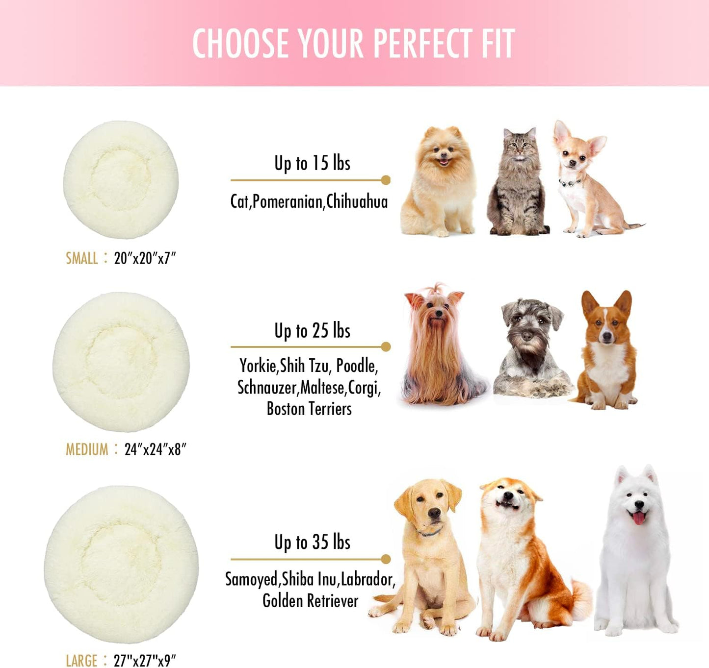 Anti-Anxiety Round Fluffy Plush Faux Fur Washable Pet Bed for Dogs and Cats, Joint Relief and Sleep Improvement, Available in 20", 24", and 27" Sizes (27", White)