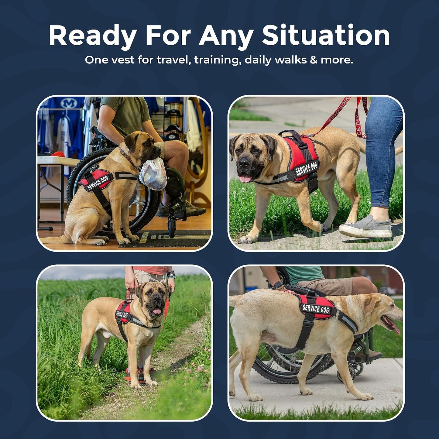 Service Dog Vest Harness - Durable Adjustable Vest with Reflective Straps, Removable Patches, 50 ADA Cards, Handle & D-Ring for Travel and Daily Use (Bright Red, XL 30"-39")