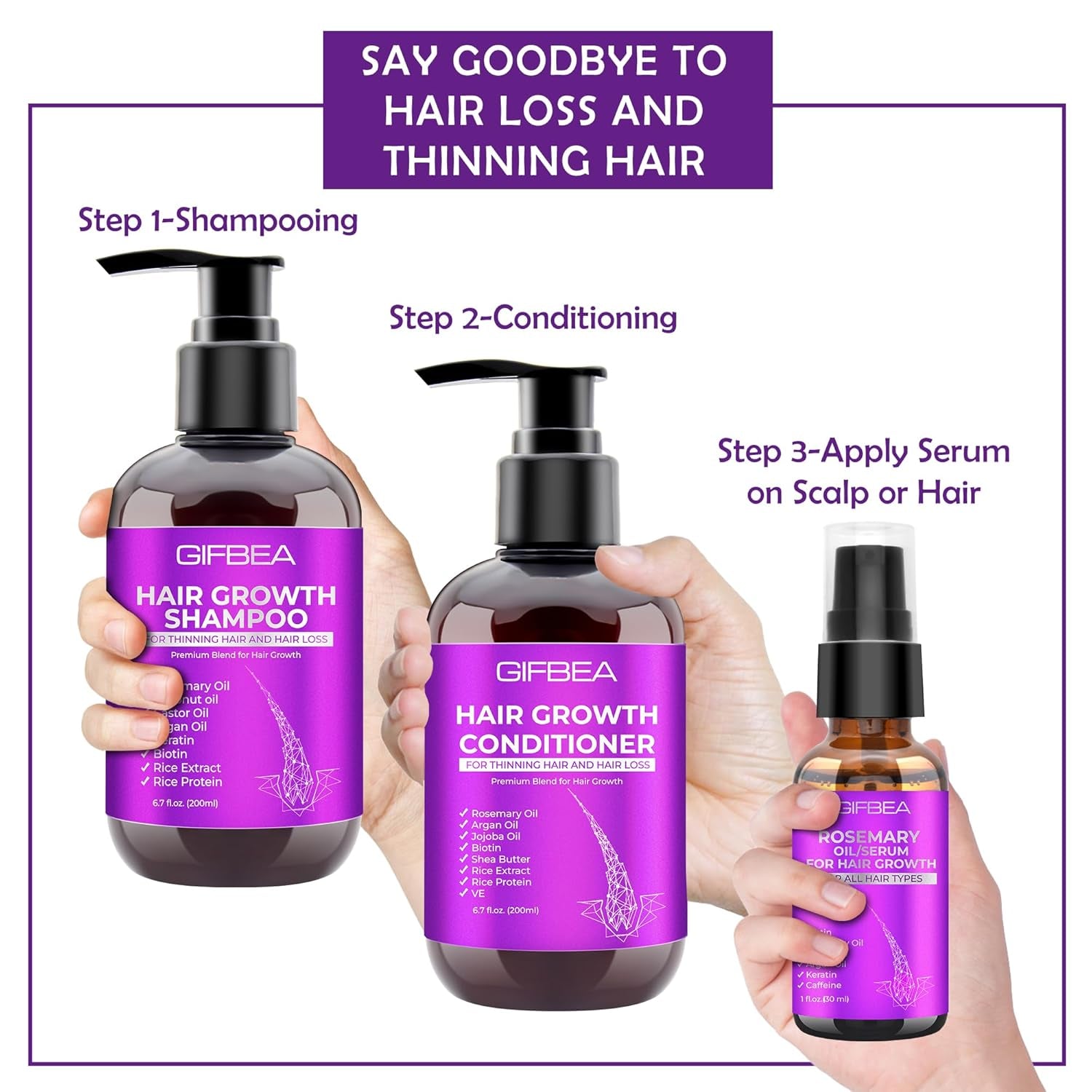 Hair Growth Shampoo and Conditioner Duo Enriched with Rosemary, Biotin, Argan, and Castor Oils for Thinning, Damaged, and Curly Hair