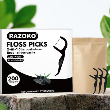 Biodegradable Charcoal Dental Floss Picks | Shred-Resistant, Vegan, and Eco-Friendly, 200 Count